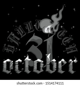 Halloween, October thirty-first lettering with burning candle, isolated on black, vector illustration