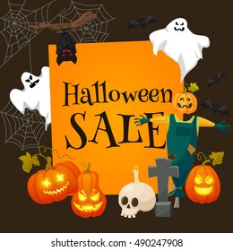 Halloween offer design template.Sale background. Retro cartoon style vector illustration