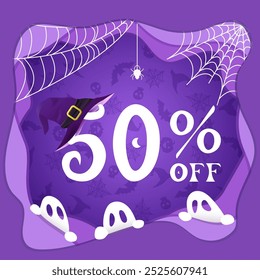 Oferta de Halloween, cincuenta por ciento, sombrero de bruja, Elementos de Halloween sobre fondo púrpura, fantasmas, Web, arañas, estilo de corte de papel