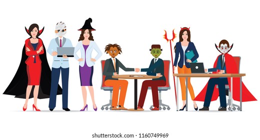 Halloween office party with people in different monster costume have fun isolated on white, vector illustration.