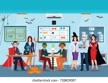 Halloween Office Party With People In Different Monster Costume Have Fun, Holiday Office Vector Illustration.