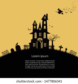 Halloween old castle and flying witch. Poster template for Halloween party. Vector illustration