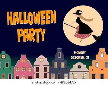 Halloween old city background with a witch in a cloak and pointed hat flying on a broomstick, night, moon. Flat vector illustration