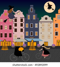 Halloween old city background with witches flying on broomsticks, night, moon. Sorceress in a cloak and pointed hat and Jack-o'-lantern on a bike, carved pumpkin. Flat vector illustration