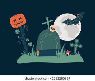 Halloween en el viejo cementerio. Calabaza espeluznante, lápidas, cruces en el cementerio, luna llena y murciélagos. Tarjeta para las vacaciones de octubre. Ilustración vectorial aislada