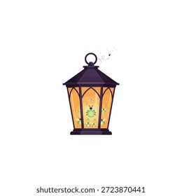 Halloween old lantern with fireflies icon flat vector design.