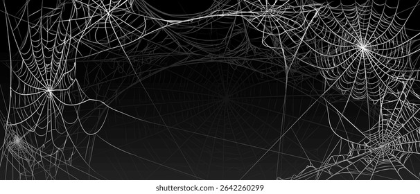 Halloween old spooky cobweb with various sizes and shapes background. Old spider web set vector illustration dark gothic decoration for holidays. Corner spider net insect thread cobweb scary frames.