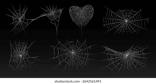 Halloween old spooky cobweb with various sizes and shapes. Old spider web set vector illustration dark gothic decoration for holidays. Corner spider net insect thread cobweb scary frames.