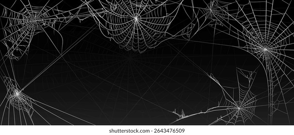 Halloween old spooky cobweb with various sizes and shapes background. Old spider web set vector illustration dark gothic decoration for holidays. Corner spider net insect thread cobweb scary frames.