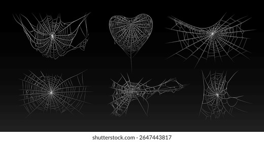 Halloween old spooky cobweb with various sizes and shapes. Old spider web set vector illustration dark gothic decoration for holidays. Corner spider net insect thread cobweb scary frames.