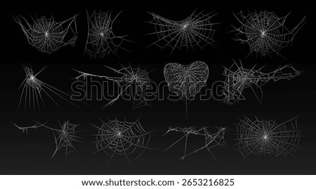 Halloween old spooky cobweb with various sizes and shapes. Old spider web set vector illustration dark gothic decoration for holidays. Corner spider net insect thread cobweb scary frames.