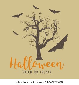 Halloween old tree and bats. Halloween vector illustration hand drawing trick or treat