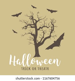 Halloween old tree and bats. Halloween vector illustration hand drawing trick or treat