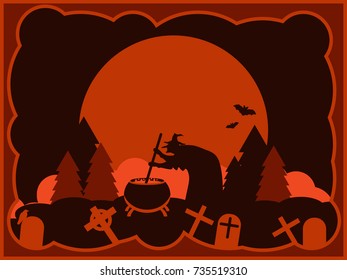 Halloween old witch is brewing a potion in the cemetery. Background with full moon and bats. Vector illustration