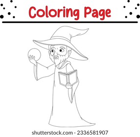 Halloween old witch coloring page for children. Black and white vector illustration for coloring book