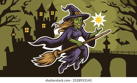 halloween old witch flying on broomstick with flock of bats in front of hunted house, scary night Halloween theme