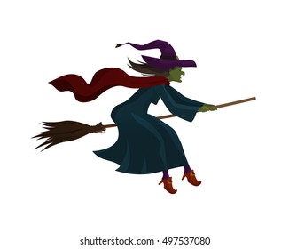 Halloween. Old witch flying on broom. Vector illustration