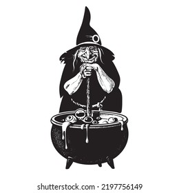 Halloween old witch stirring magic potion in cauldron. Hand drawn vector illustration isolated on white background.