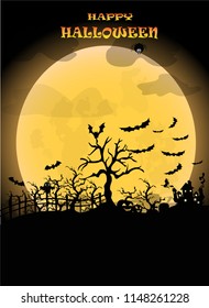 Halloween on the full moon night with bats and witches in the sky.