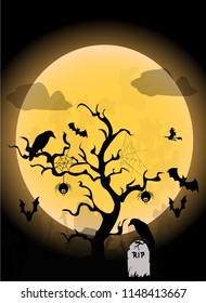 Halloween on the full moon night with bats and witches in the sky.