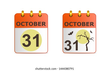 Halloween on icons of calendar in different versions. Date on calendar sheet October 31. Dry tree against yellow moon. Stylish, succinct vector illustration. Horizontal location.