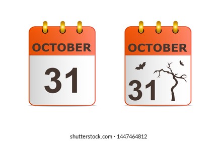 Halloween on icons of calendar in different versions. Date on calendar sheet October 31. Dry tree and bats. Stylish, succinct vector illustration. Horizontal location.