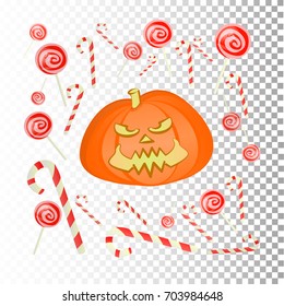 Halloween. On line Games. A funny pumpkin with sweets. Caramel and striped sticks on a background of squares. Illustration for your design.
