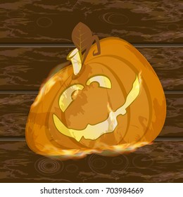 Halloween. On line Games. A funny pumpkin on the background of a wooden table. Illustration for your design.