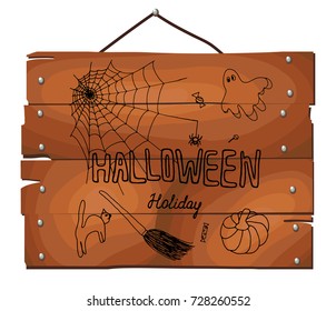Halloween on wooden plank background. Happy Halloween lettering. Vector Illustration.