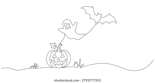 Halloween One Line Art with Pumpkin, Ghost, and Bat