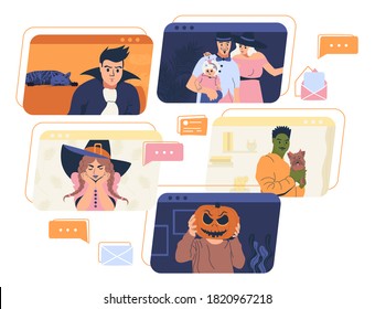 Halloween Online Party. People Celebrating At Home By Web Communication And Video Conference. Vector Illustration.