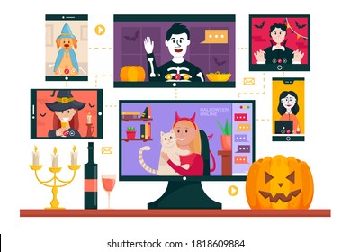 Halloween online party. People using video conference service for collective holiday virtual celebration, chatting and party online with friends from home. Vector illustration.