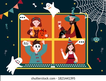 Halloween online party. Virtual meet group to celebrate festival. People in horror costume have video conference from home. Friends spend time together on video call. New normal life.