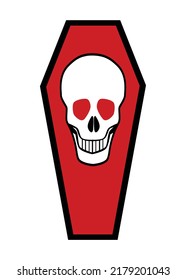 A Halloween open coffin with red interior and a grinning white skull with red eyes isolated on a white background
