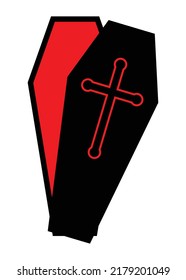 A halloween open coffin in red interior isolated on a white background