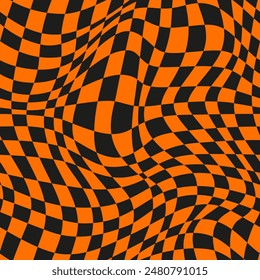 Halloween optical psychedelic curvy wavy seamless pattern background. Vector curvy backdrop, distorted checkerboard, curve retro groovy grid in Y2k hippie style, print in orange and black colors