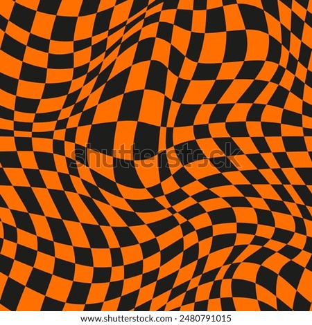Halloween optical psychedelic curvy wavy seamless pattern background. Vector curvy backdrop, distorted checkerboard, curve retro groovy grid in Y2k hippie style, print in orange and black colors