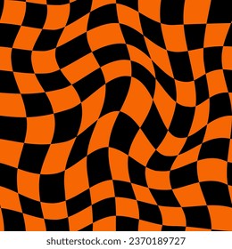 Halloween optical psychedelic pattern, wavy background. Vector distorted tile backdrop with black and orange colored mesmerizing swirls and checkers mesh, creating a surreal and hypnotic atmosphere