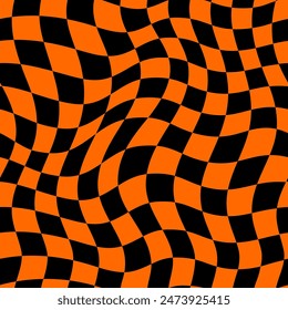 Halloween optical psychedelic wavy illusion seamless pattern. Vector Halloween holiday checkered background of black and orange squares curvy pattern. Retro groovy backdrop for boo horror party