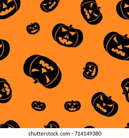 Halloween orange background with angry faces pumpkins silhouettes festive seamless pattern. Endless background. Vector illustration.