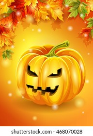 Halloween orange background autumn leaves, pumpkin character. Vector illustration