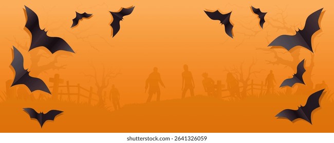 Halloween orange background with bats and zombie silhouettes in the background. Yellow Halloween background with walking dead and bats for design. Vector illustration for Halloween.