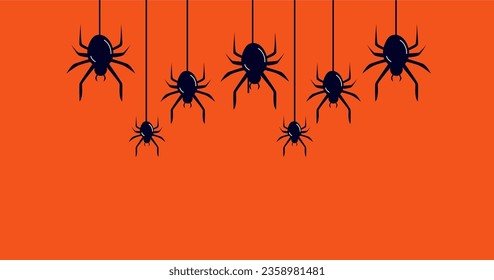 Halloween orange background with black hanging spiders. Vector illustration.