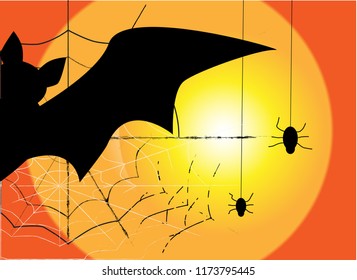 Halloween. Orange background, black spiders, spider web and bat.