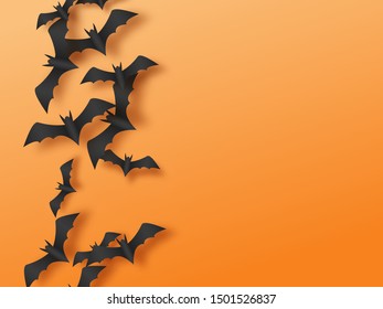 Halloween orange background with flying paper cut bats. Top view, place for text. Vector illustration.