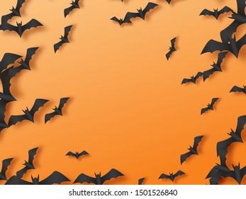 Halloween orange background with flying paper cut bats. Top view, place for text. Vector illustration.