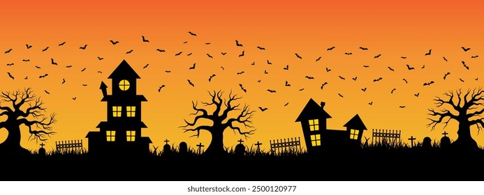 Halloween orange background night with graveyard and flying bats. Castle at night. Silhouette of trees and grass. Vector illustration