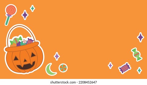 Halloween orange background. Pumpkin lantern, sweets and stars stickers. Web-site banner, greeting cards.