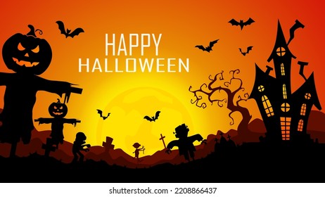 Halloween orange background, pumpkins and dark castle. vector illustration.