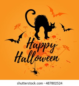 Halloween orange background with silhouette of black cat. "Happy Halloween" lettering. Vector illustration.